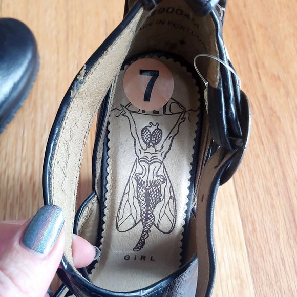 [SOLD] Fly London Black leather Mary Jane Cross Strap Wedge Heels - Picture 10 of 16